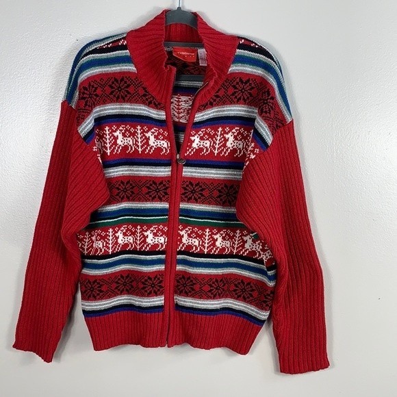 Liz Claiborne Women’s Red/White Reindeer Snowflake Knit Sweater L - Picture 2 of 6